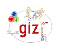 Illustration: GIZ’s Corporate Health Management (CHM). Around the edge of a circular logo, there are people running, a person sitting, a set of table scales, a heart, the silhouette of a head and a hand.