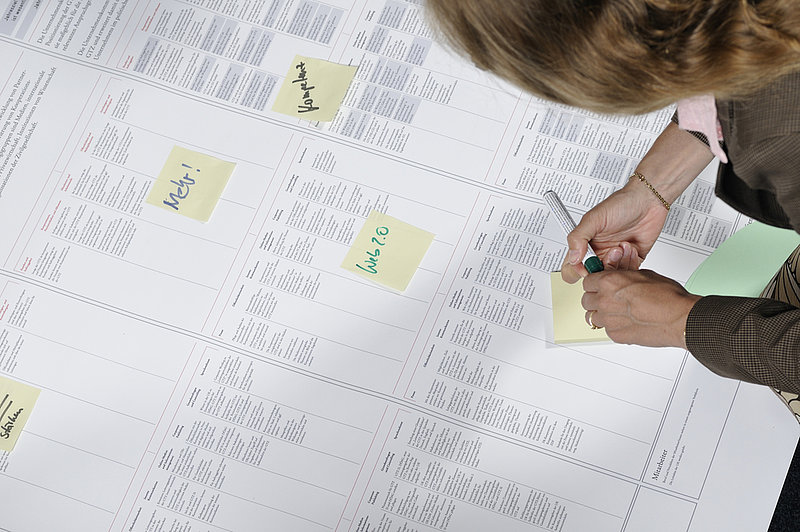 Detail: A large sheet of printed paper with sticky notes on which words are written