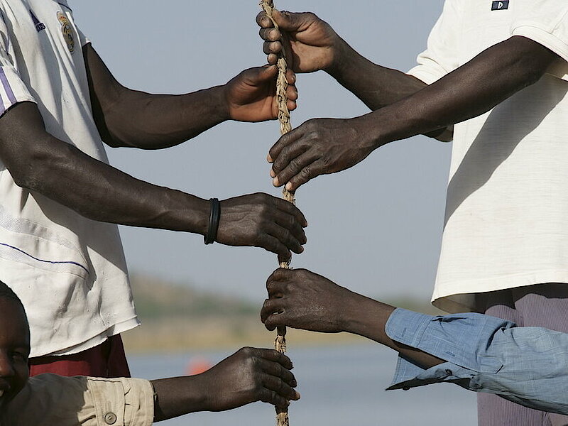 Photo: Six hands holding a rope hanging down vertically.