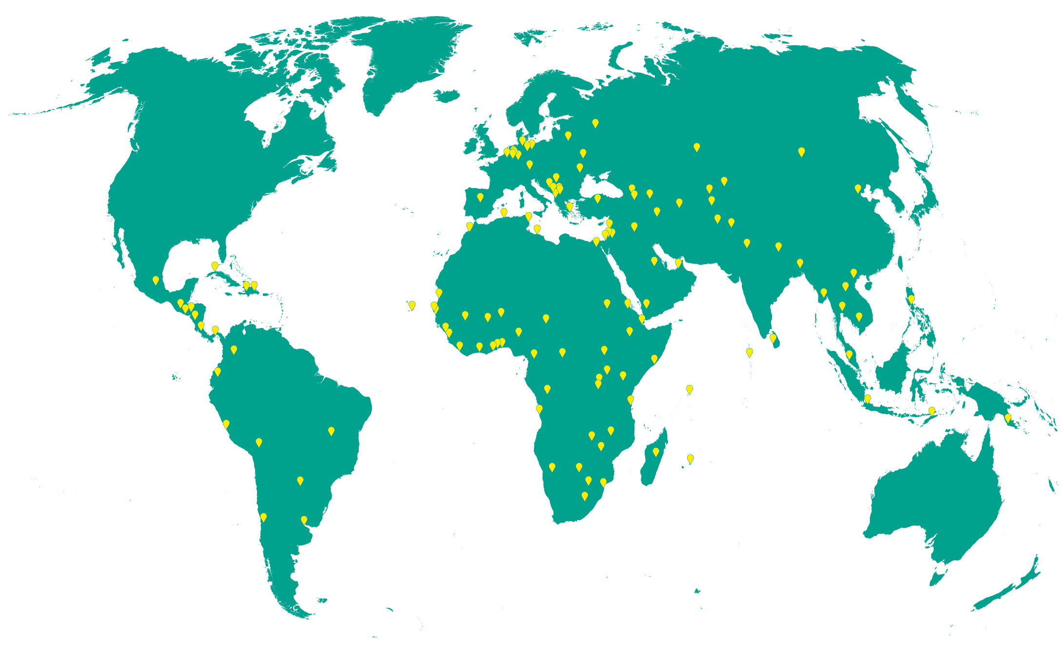 A green world map on a white background. Yellow pins mark GIZ locations around the world.