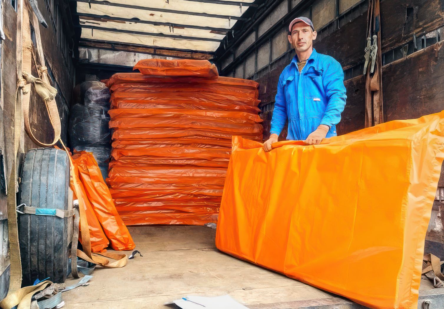Photo: A man stands in the hold of a truck holding an orange mattress. Behind him, more mattresses are stacked.