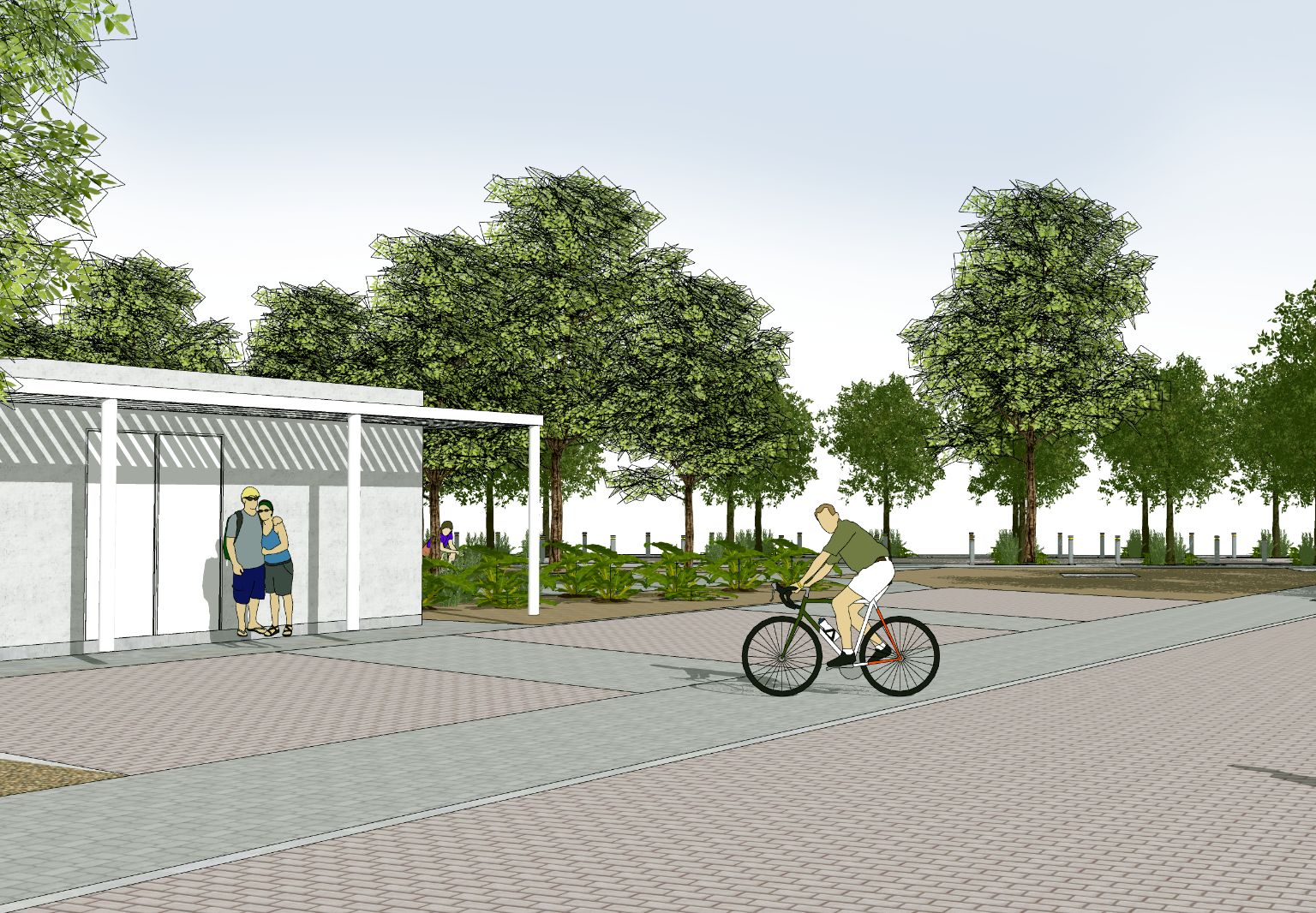 Graphic: Artist’s impression of an outdoor area with many trees and plants. A cyclist is riding across a red and grey pavement.