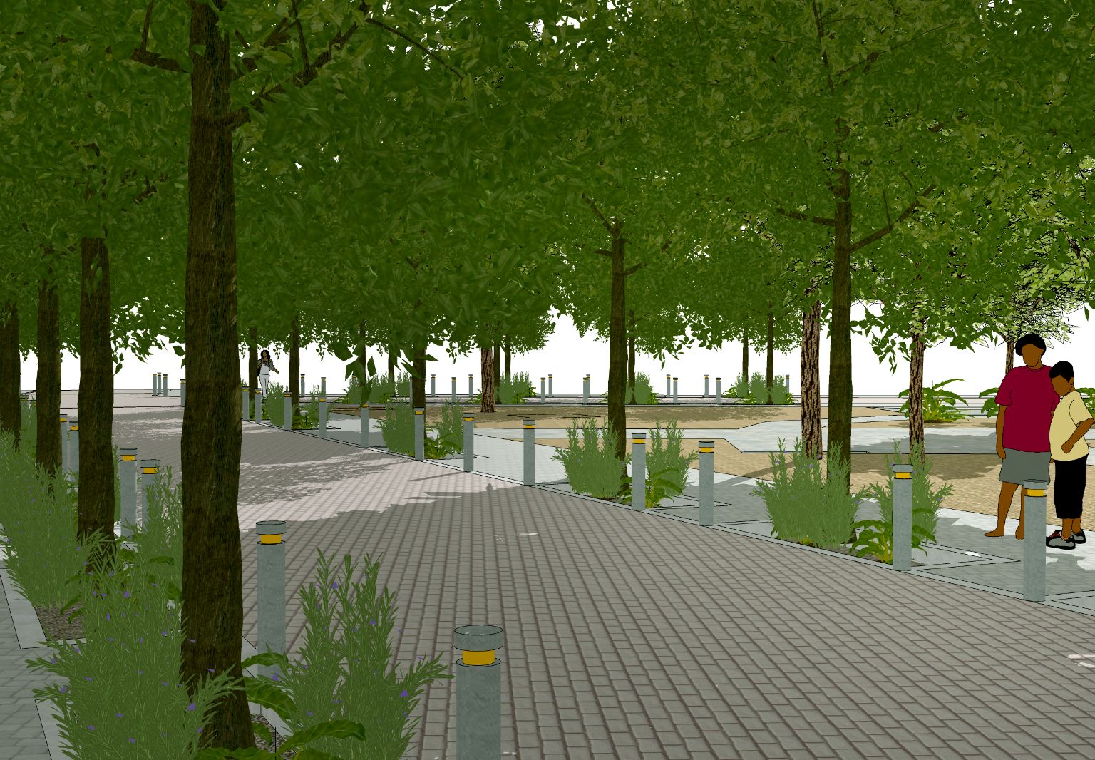 Graphic: Artist’s impression of an outdoor area with many trees. Two people are standing in the shade.