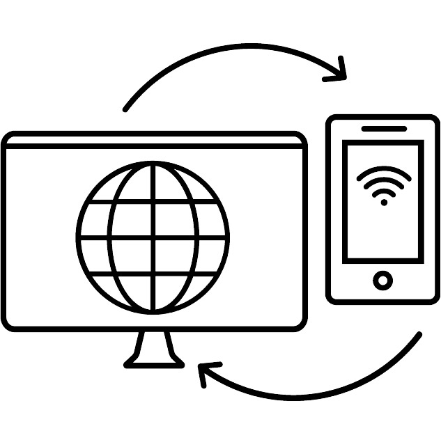 Graphic: A computer screen showing a globe next to a smartphone with a WLAN symbol on it. Above and below the devices are arrows pointing both ways.