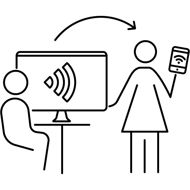 Graphic: A person sitting in front of a computer screen with a signal symbol on it. Another person is standing to one side holding a smartphone in her hand. An arrow is pointing from the computer screen to the person with the smartphone.