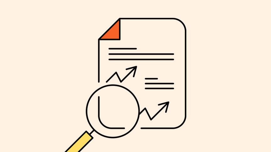 Graphic: A magnifying glass hovering over a balance sheet document with arrows pointing upwards.