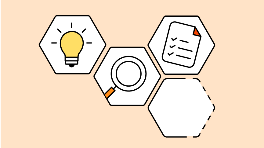 Graphic: Several hexagons showing a light bulb, a magnifying glass and a sheet of paper.