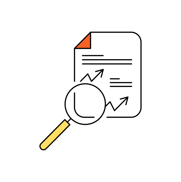 Graphic: A magnifying glass hovering over a balance sheet document with arrows pointing upwards.