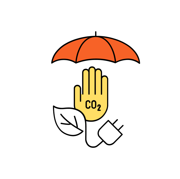 Graphic: A hand with ‘CO2’ written on it and a green energy plug, both under an umbrella.